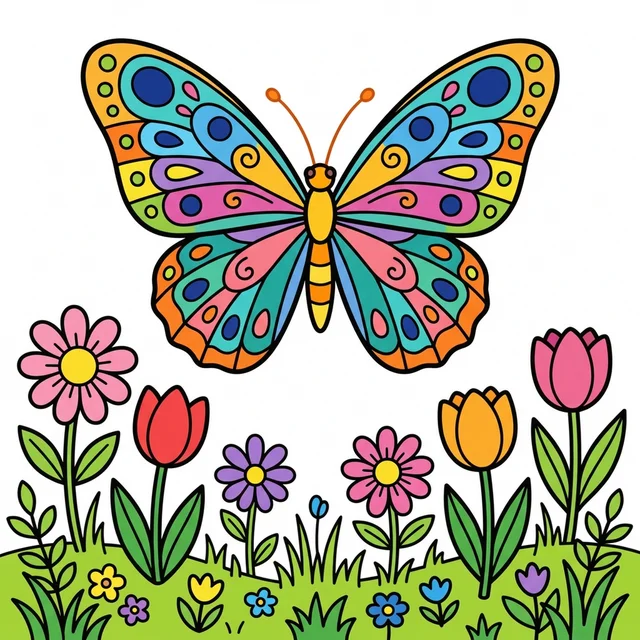 Butterfly in flower meadow coloring page