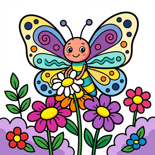 Cute butterfly sitting on flowers in garden coloring page for kids