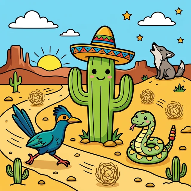Cute saguaro cactus wearing sombrero in desert with roadrunner coloring page