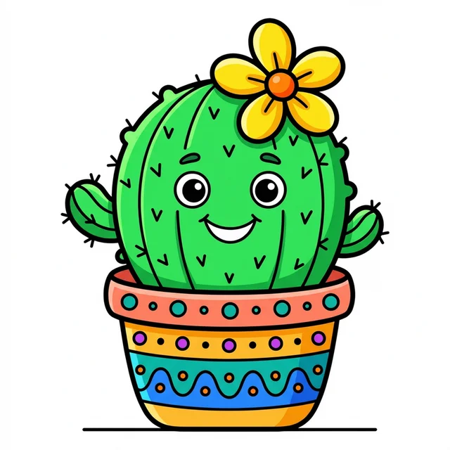 Cute smiling cactus in decorative pot coloring page for kids