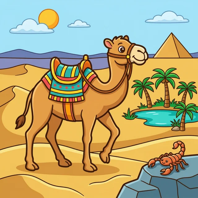 Camel with saddle walking through desert near oasis coloring page