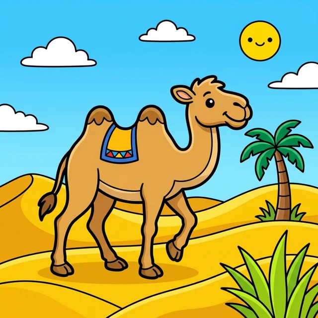 Cute camel walking in desert coloring page for kids