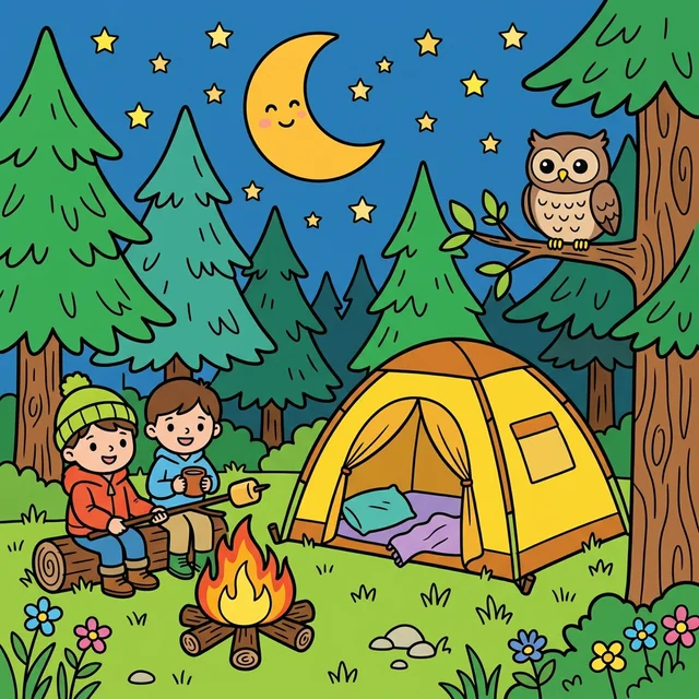 Camping tent with campfire in forest coloring page