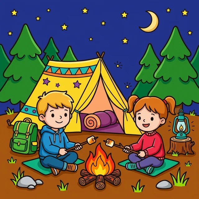 Two kids sitting by tent roasting marshmallows at campfire under stars coloring page