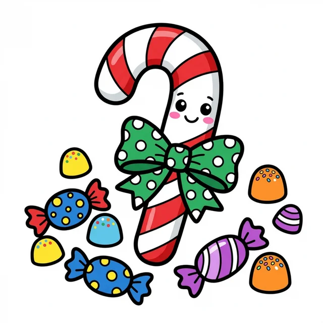 A candy cane with a bow and sweets coloring page.