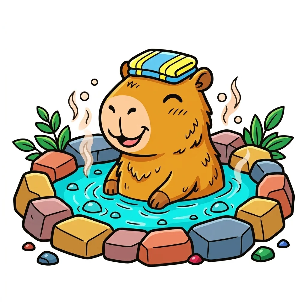 Capybara relaxing in a hot spring with towel coloring page for kids - free printable