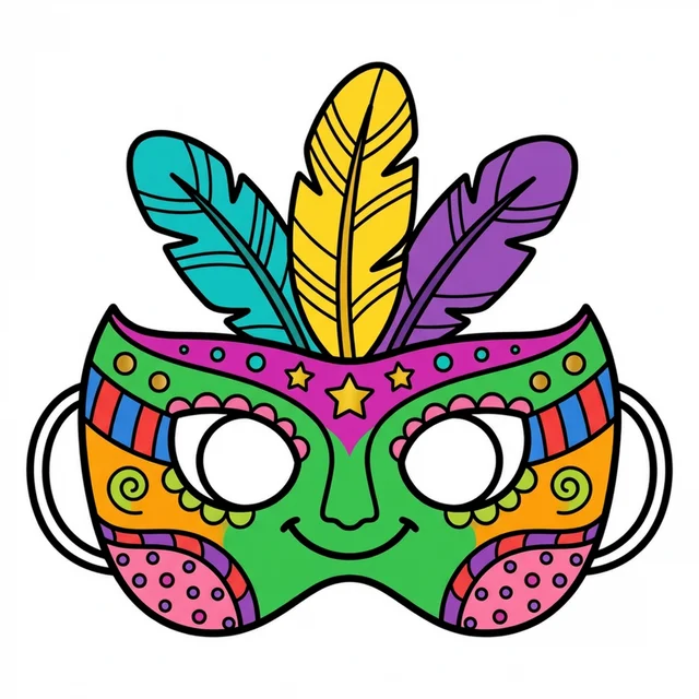 A decorative carnival mask with feathers coloring page.
