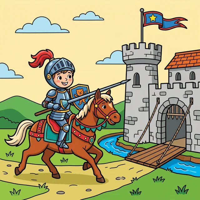 Kid knight jousting on horse near medieval castle coloring page