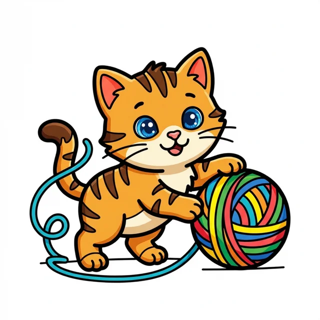 Cute kitten playing with yarn ball coloring page for kids