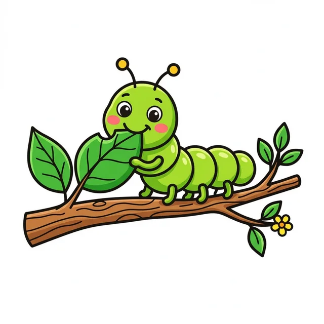 Cute caterpillar eating a leaf on a branch coloring page for kids