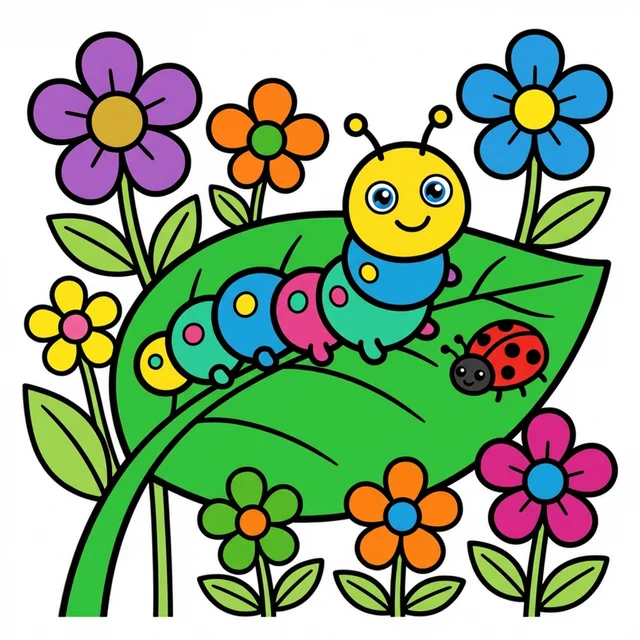 Cute caterpillar on leaf with ladybug coloring page