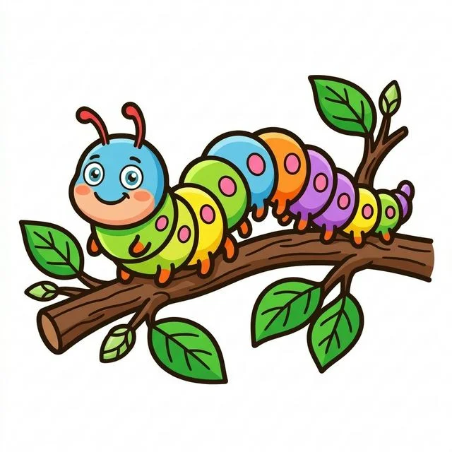 Caterpillar with many colorful segments crawling on branch coloring page for kids — free printable
