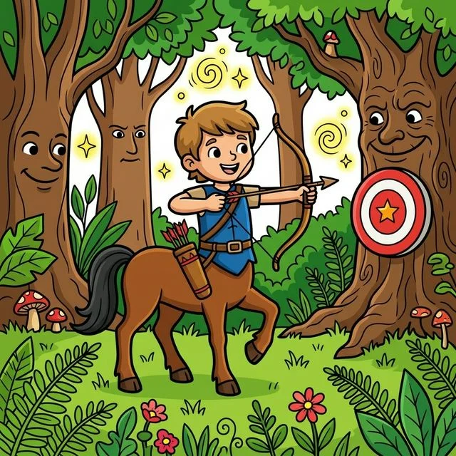 Brave centaur practicing archery with bow and arrow in magical forest coloring page for kids