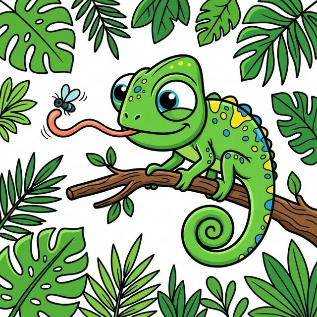 Chameleon on branch with curled tail coloring page for kids