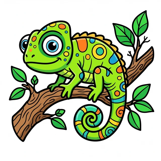 Cute chameleon sitting on branch coloring page for kids