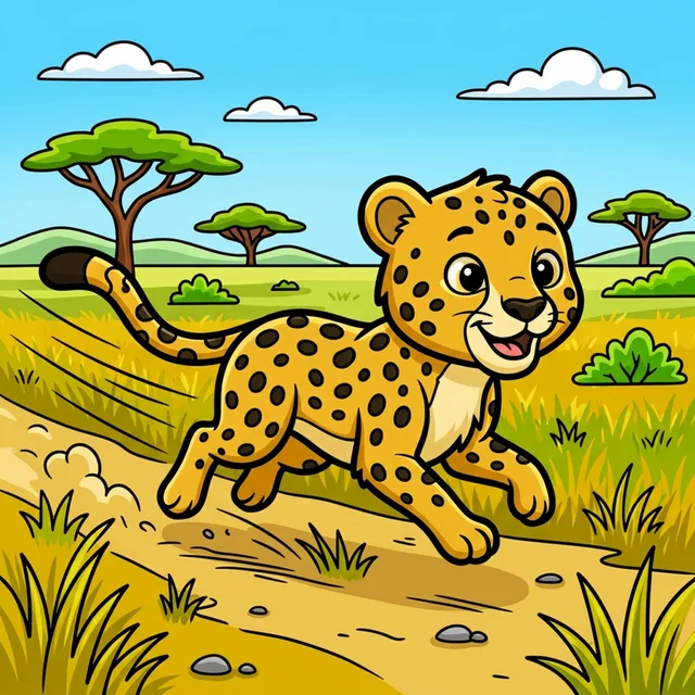 Cheetah running on African savanna coloring page for kids
