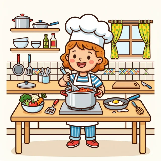 Happy chef cooking in kitchen coloring page for kids