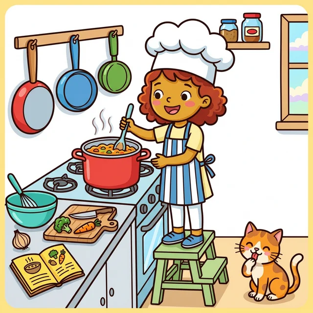 Kid chef in hat and apron cooking in kitchen with cat coloring page