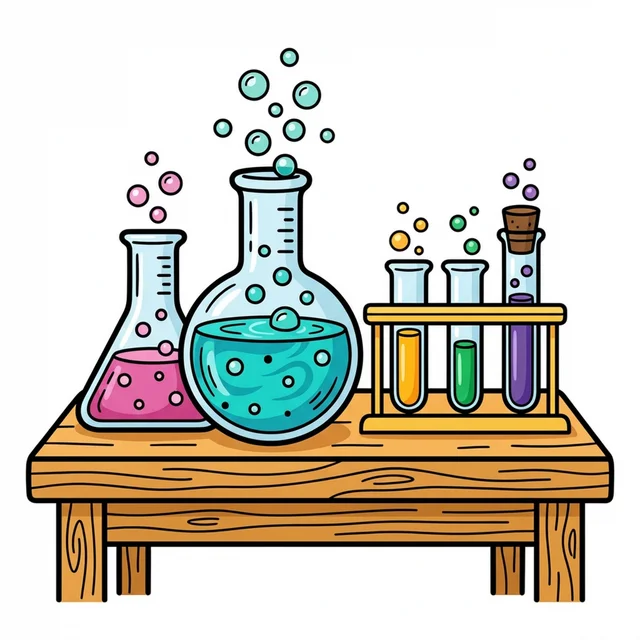 Science beakers and test tubes with bubbles coloring page.
