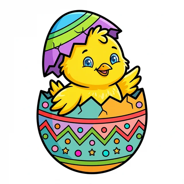 A baby chick hatching from a decorated Easter egg coloring page.