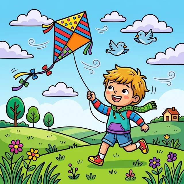 Child flying kite on windy day coloring page for kids