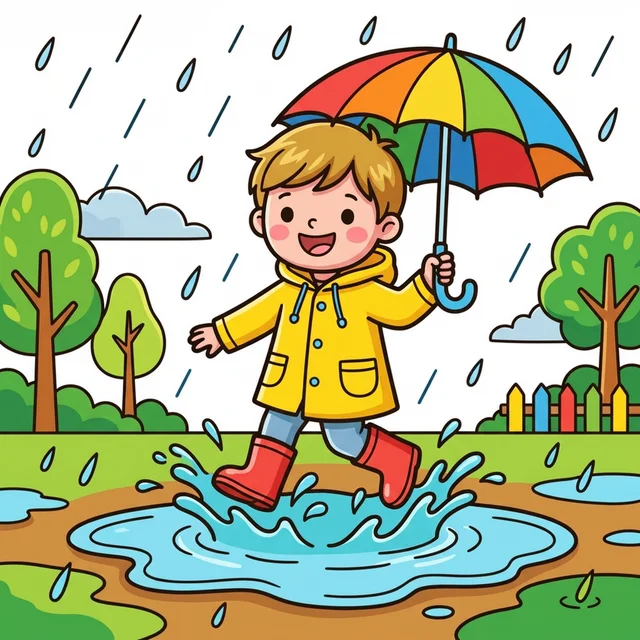 Cute child jumping in rain puddles coloring page for kids