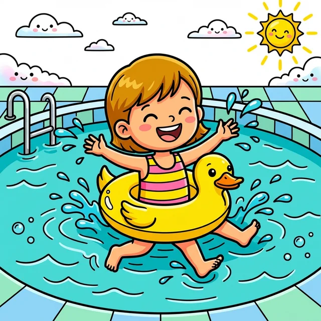 Child swimming in pool with rubber duck coloring page for kids