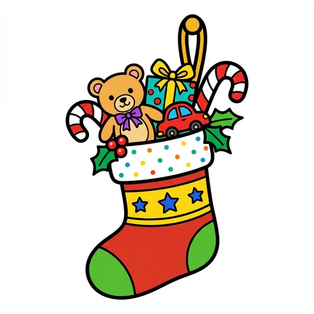 A Christmas stocking filled with gifts and candy canes coloring page.