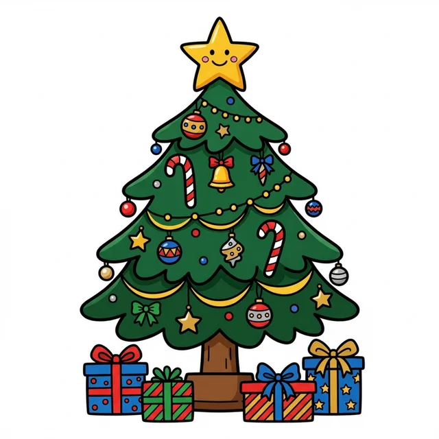 Christmas tree with ornaments star and presents coloring page for kids