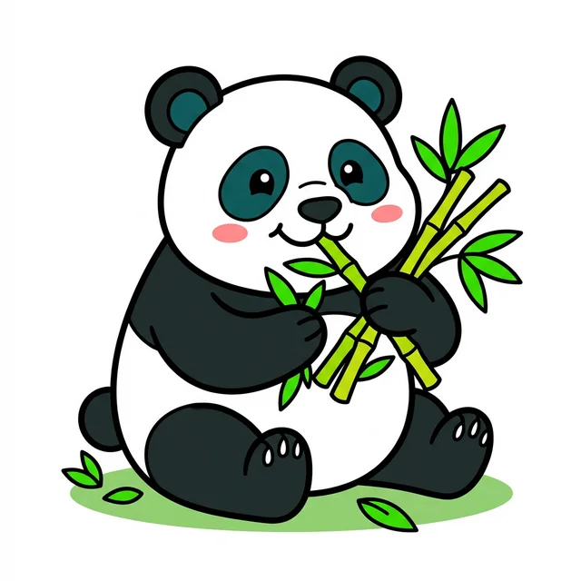A black and white line drawing of a chubby cartoon panda eating bamboo.