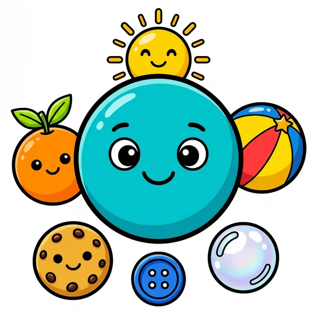 Circle shape with ball, sun and orange coloring page.