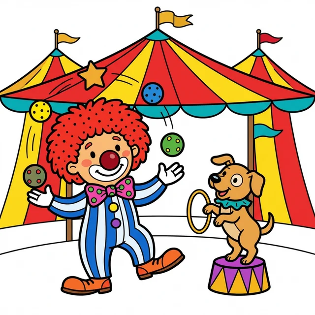 Circus clown juggling balls under big tent coloring page