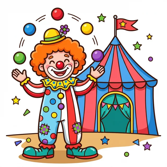 Funny circus clown juggling balls coloring page