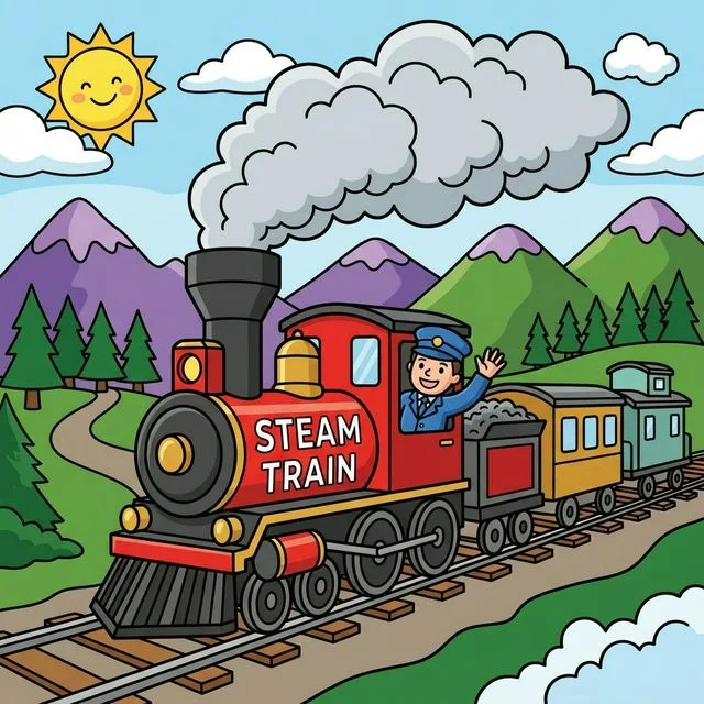 Classic steam train puffing smoke and chugging along tracks with conductor waving coloring page for kids
