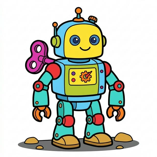 Cute cartoon classic wind-up toy robot with big key on its back and friendly round eyes coloring page for kids — free printable