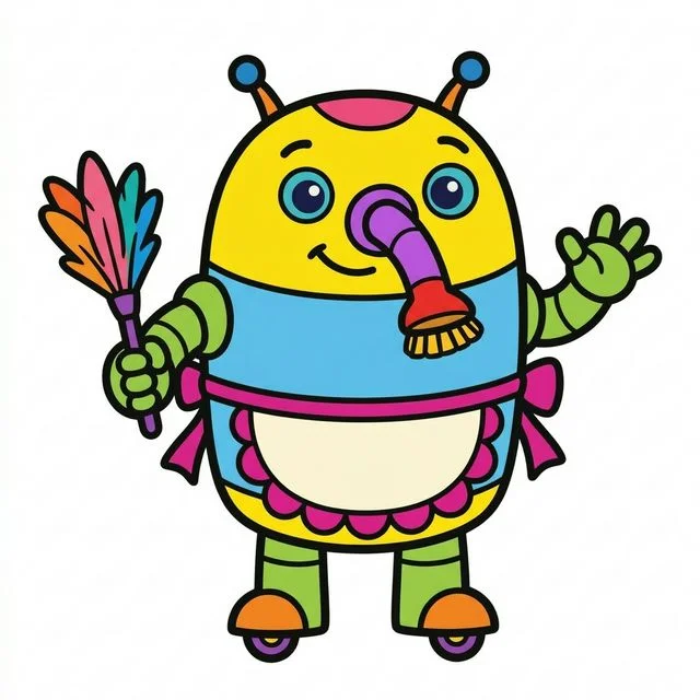 Cute cartoon cleaning robot with vacuum nozzle nose holding feather duster wearing maid apron coloring page for kids — free printable