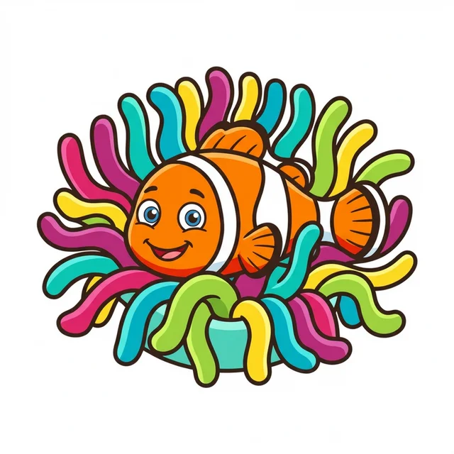 Cute clownfish hiding in sea anemone coloring page for kids