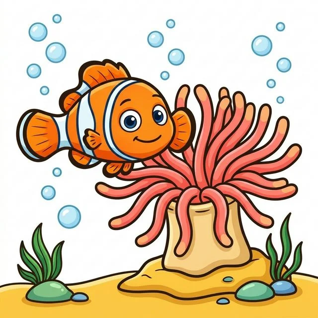 Clownfish swimming near sea anemone coloring page for kids — free printable