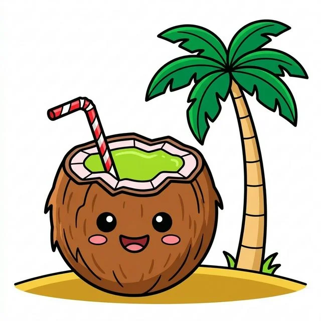 Coconut cracked open with straw coloring page for kids — free printable