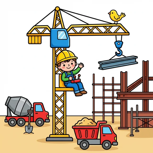 Kid construction worker in hard hat operating crane at building site coloring page