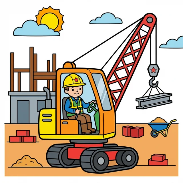 Construction worker with crane at building site coloring page