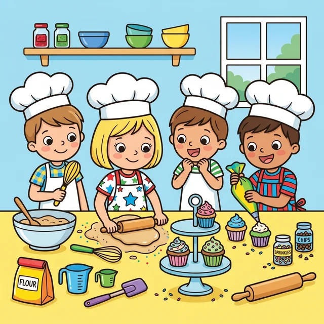 Kids in cooking class wearing aprons decorating cupcakes coloring page