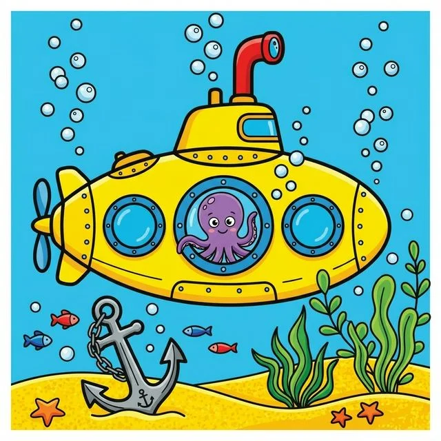 Cool submarine exploring underwater with friendly octopus and anchor coloring page for kids