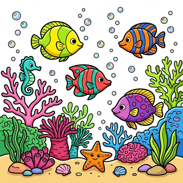 Tropical fish swimming in coral reef coloring page