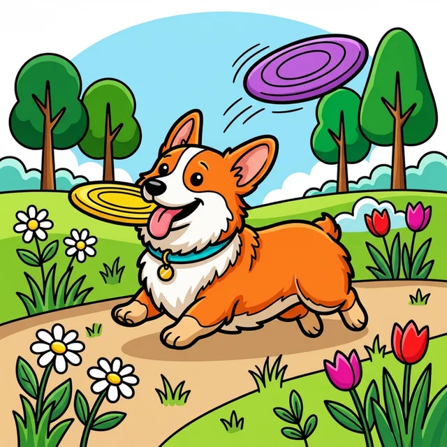 Happy corgi catching frisbee in park coloring page