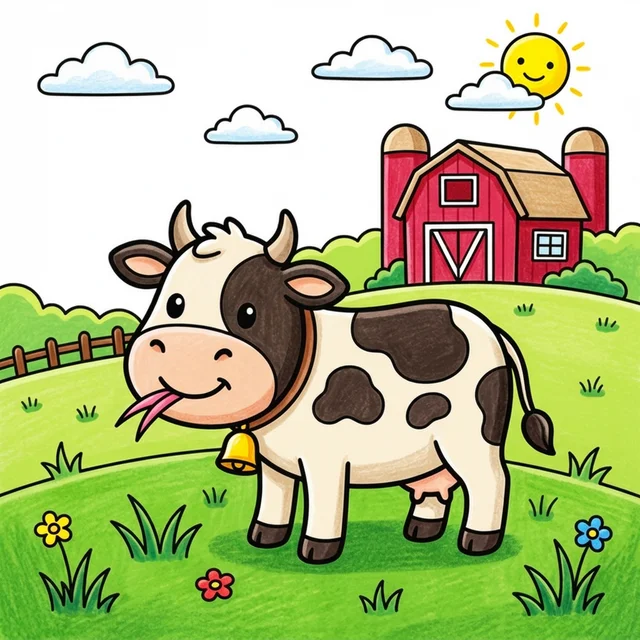 Cute spotted cow grazing on farm coloring page for kids