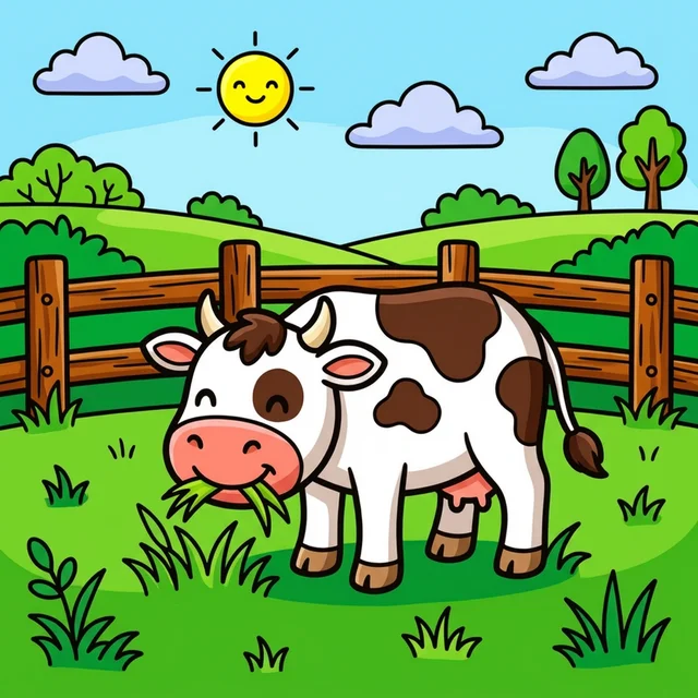 A cute cow grazing in a green field coloring page.