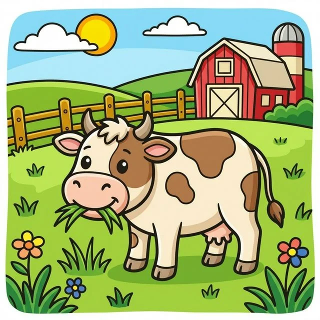 Cow with spots grazing on farm coloring page for kids — free printable