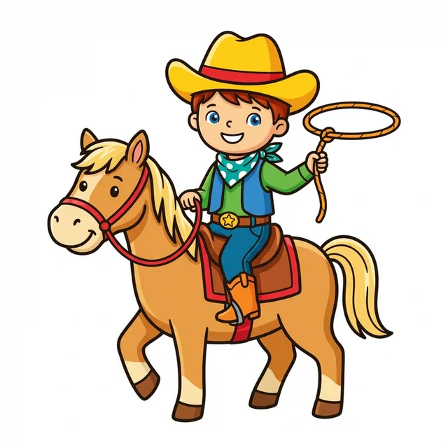 A cowboy kid riding a horse with a lasso coloring page.