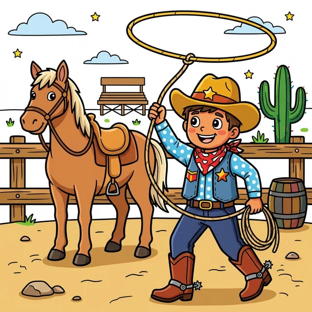 Kid cowboy swinging lasso at rodeo with horse coloring page